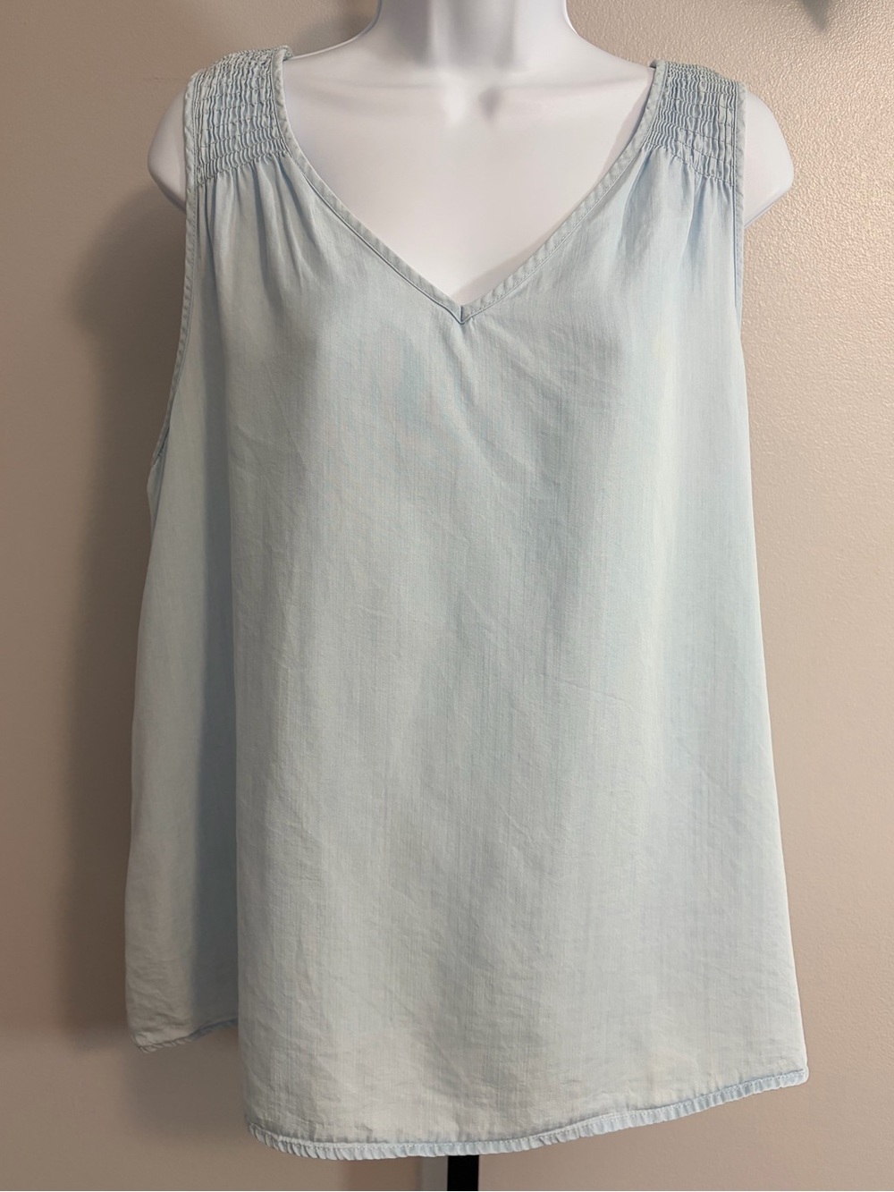 Time and Tru Light Blue V-Neck Smocked Shoulder Tank